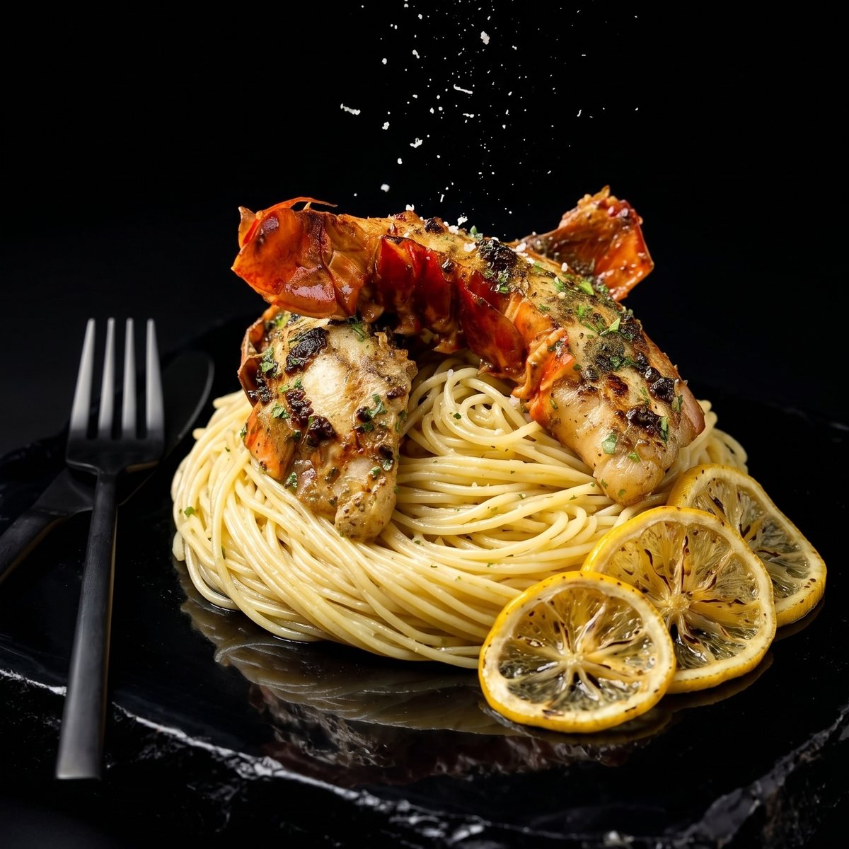 Grilled lobster tails over a nest of spaghetti with charred lemon and herb butter