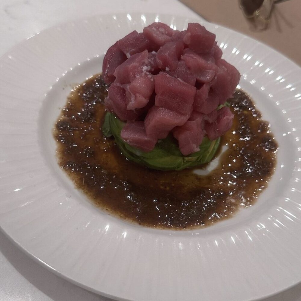 Big-eye tuna tower over avocado with citrus soy